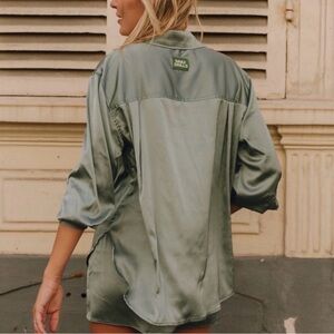 Daily Drills Satin Mini Skirt & Button Down Set in Sage